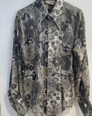 70s Disco Vintage D’Avila Floral Gray Shirt Men’s Lg Long Sleeve Floral Pattern - Image 1 of 4