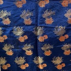 Vintage Brocade Jacquard Satin Floral Fabric Royal Blue Gold Chrysanthemum 112” - Picture 1 of 11