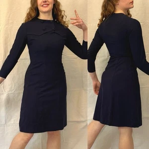 Vtg 40s Navy Blue Wool Fabric Covered Button Long Sleeve Wool Sheath Dress S/M - Picture 1 of 16