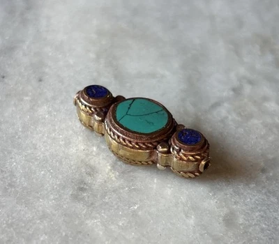 One Tibetan Handmade Two sided Turquoise & Lapis Lazuli Brass Bead 32x9mm CC235 - Image 1 of 3