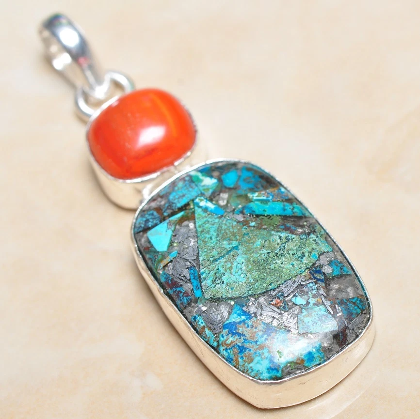 Handgefertigt Türkis Jaspis Edelstein 925 Sterling Silber Anhänger 2.5 " #P04046 - Bild 1 von 1