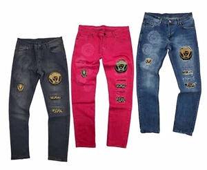 Georgio Peviani Men's Urban Designer Distressed Wash Rock Star Lion Denim Jeans - Picture 1 of 7