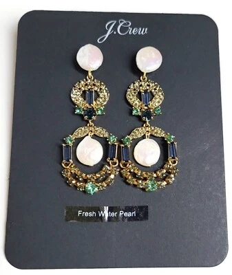 J.Crew Freshwater Pearl Sparkle Statement Earrings Blue Multi Gold Plated NWT - Image 1 of 4