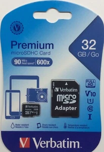 Verbatim 32GB Premium MicroSDHC I Card 90MB/s 600x Class 10 w/Adapter 44083 - Picture 1 of 2