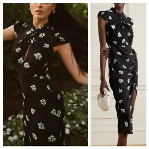 Self Portrait Midi Dress Black Green Floral Pansy Short Sleeve Cutout size 6 - Picture 1 of 16