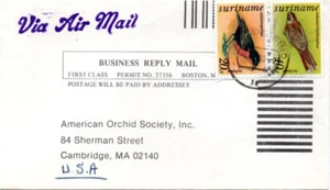 Suriname Vogel 2 Diff Stempel gebraucht auf BUSINESS REPLY Cover nach USA - Bild 1 von 1