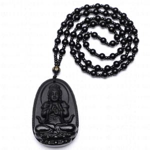 Buddha Pendant Amulet Hand Carved Black Obsidian Necklace Indian Jewellery - Picture 1 of 1