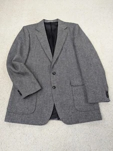 Sport Coat Mens 42L Gray Wool Herringbone Tweed Blazer Suit Jacket Vintage 80s - Picture 1 of 12