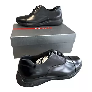 Prada Toblack Derby Shoes Black Leather Size 10 Prada Derby Shoes - Picture 1 of 23