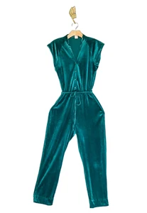 VTG 70s Peacock Green Women Velvet Jumpsuit 7 Funky Disco Festival Fairy Overall - Picture 1 of 10