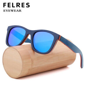 Men Women Skateboard Wood Polarized Square Sunglasses Blue Wooden Frame Glasses