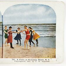 Dancing Rockaway Beach Bathers Stereoview c1903 Queens New York Swimming NY S213