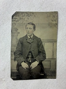 Antique Tintype Of Man With Pocket Watch - Picture 1 of 2