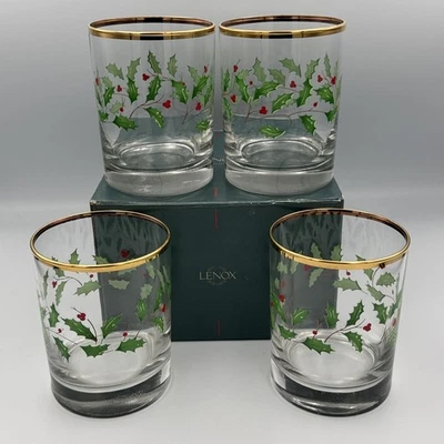 Set 4 Lenox HOLIDAY Holly Berries Double Old Fashioned Rock Glasses Gold Rim Vtg - Image 1 of 4