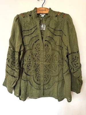 CATÁLOGO SUNDANCE Hermosa Blusa Ojales Encaje Verde Oliva EXTRA GRANDE Nueva Foto 1 de 4
