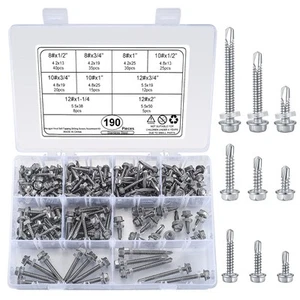 190 Pcs 410 Stainless Steel Self Tapping Tek Screws, Hex Head Self Drilling S... - Picture 1 of 7