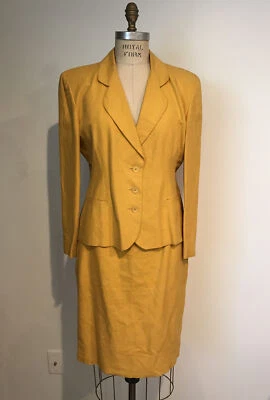 Traje Falda Vintage Años 90 Caroll Paris Clásico A Medida Amarillo Mezcla Lino Talla 42 Foto 1 de 4