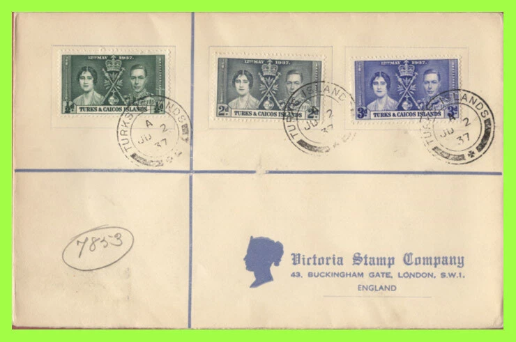 Turks & Caicos 1937 KGVI Coronation set printed registered Cover - Image 1 of 1