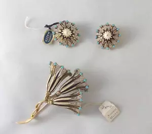 Vintage Joseph Mazer Jomaz Enamel Rhinestone Faux Turquoise Brooch & Earring Set - Picture 1 of 19