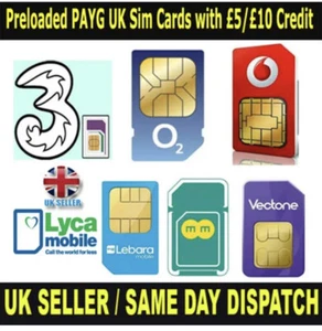 Preloaded PAYG UK Sim Cards with £5/£10 Credit For EE O2 Vodafone Lyca Vectone