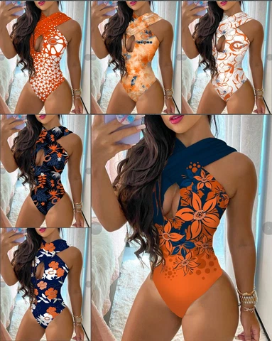 Chicago Bears Womens One Piece Halter Neck Bathing Suit Front Cutout Swimwear Cover