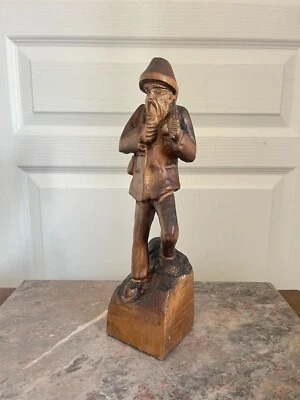 Ancien Statue Sculpture Bois Sculpté Viel Homme Hache Montagnard Pipe Bucheron - Photo 1/4