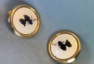 Vintage Enamel Poodle Dog Silhouette  Clip On Earrings Round Gold Tone - Picture 1 of 5