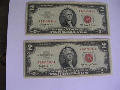 Two- 1963 A $2.00 TWO DOLLAR RED SEAL NOTE 83A 84A  See Pictures. Ask Questions - Image 1 of 3