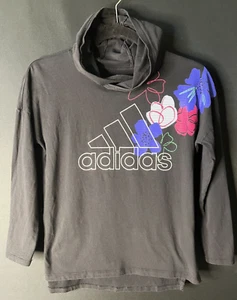Adidas Girl 10-12 M shirt Black 3/4 sleeve hood lightweight floral graphic print - Picture 1 of 3