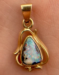 14k Yellow Gold Natural Australian Boulder Opal Dainty Pendant - Picture 1 of 6