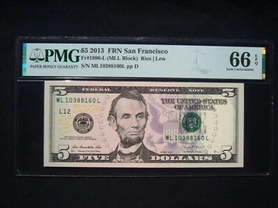$5 Federal Reserve Note Series 2013 FR1996-L San Francisco MLL Block - Image 1 of 2