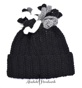 AbsoluteHandwork Unisex Black Grey Crochet Spiral Tasseled Beanie Hat Chemo Cap - Picture 1 of 4