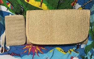 Beige Straw Rattan Clutch Purse 13"X8"  W Gr8 Tan Wristlet-Set of 2 New w/o Tags - Picture 1 of 17