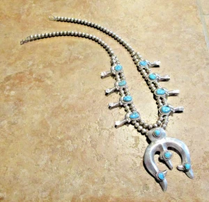 20" ADORABLE Vintage Navajo Sterling Kingman Turquoise SQUASH BLOSSOM Necklace - Picture 1 of 16