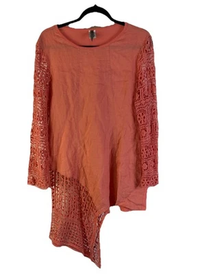 XCVI Womens Large Linen Crochet Sleeves Contrast Tunic Shirt Pink Coastal - Image 1 of 4