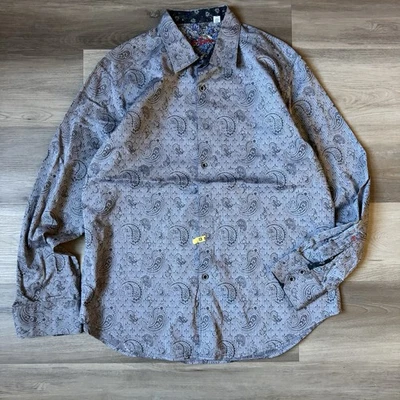 Robert Graham Shirt Men's Size XL Gray Flip Cuff Paisley Long Sleeve Embroidered - Image 1 of 3