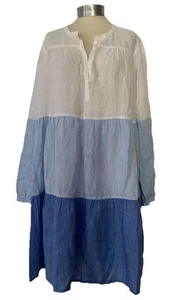Robert Friedman 100% Linen Tiered Mini Shirt Dress White Blue Long Sleeves L 14 - Picture 1 of 17
