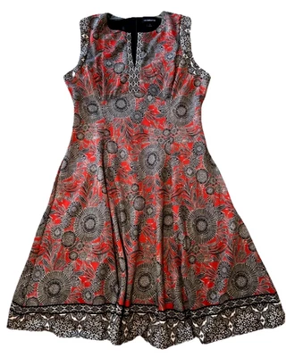 Liz Claiborne Size 12 Swing Dress Red & Black Print Sleeveless V-neck Knit - Image 1 of 4