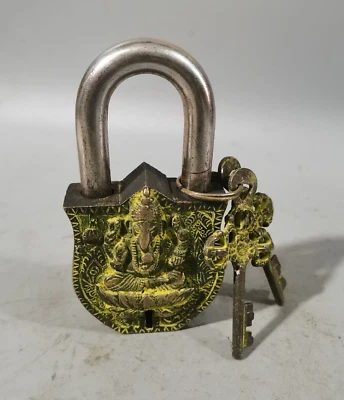 Antiguo Estilo Bronce Cobre Tallado Geneisha Ganesh Estatua Candado Cerradura y Llave Foto 1 de 4
