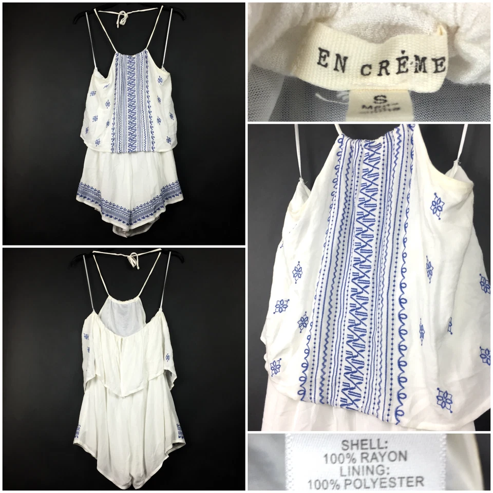 En Creme Womens Small (32 in Bust) White Blue Lightweight Sleeveless Romper - Image 1 of 4