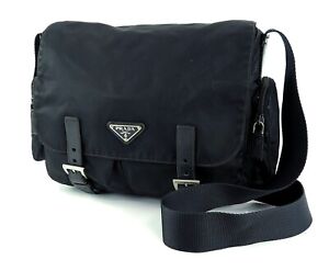 Authentic PRADA Black Nylon and Leather Messenger Shoulder Bag Purse #55636