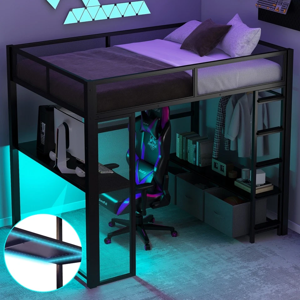 Full Size Metal Gaming Loft Bed with LED, Desk,Open Wardrobe and 3 Linen Storage - Image 1 of 4