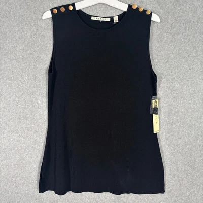Blusa sin mangas suéter tejido negro pequeño Cyrus Top para mujer botones dorados Foto 1 de 4