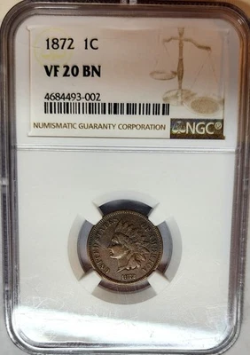 Nice 1872 Indian Head Penny Cent 1C NGC VF-20 Very Fine - Better Date  - Image 1 of 4