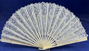 Victorian Antique White Lace Silk Cherry Blossom Carved Celluloid Hand Fan VTG - Picture 1 of 5