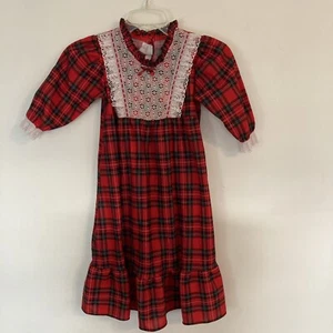 Vintage Girls Size 4T Flannel Nightgown Christmas holiday Red green plaid lace - Picture 1 of 6
