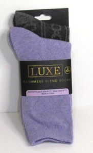 Luxe Cashmere Blend 2 Pair Ladies Socks Diamond Circles Patterns Purple/Gray NEW - Picture 1 of 4
