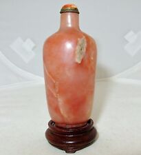 3.2" Chinese Pink Peach & Rust color Stone Snuff Bottle w/ Coral Top & Stand