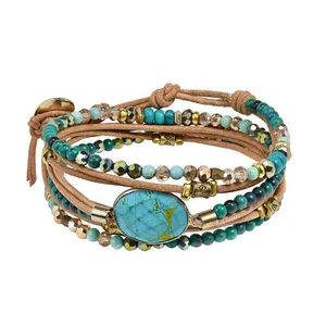 Faceted Oval Turquoise Mix Stones Natural Leather Wrap Multiwear Bracelet - Picture 1 of 6