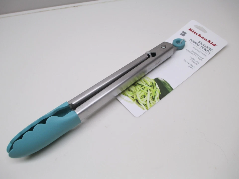 2 KitchenAid 12 Inch Silicone Tipped Stainless Steel Locking Tongs in Aqua Sky